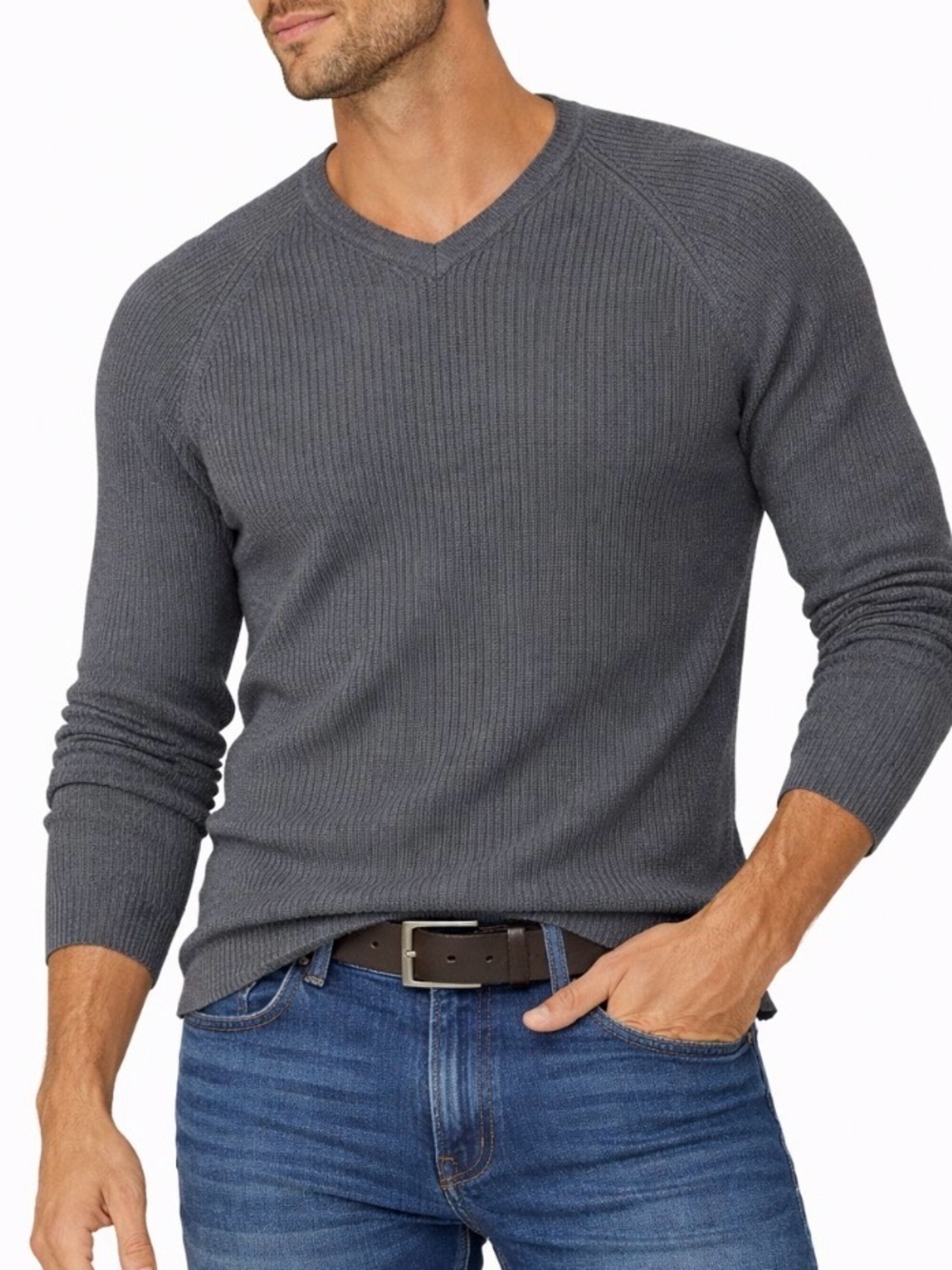 Kenneth Cole top sweater V-neck gray stretch long sleeve ribbed LG Nylon/wool